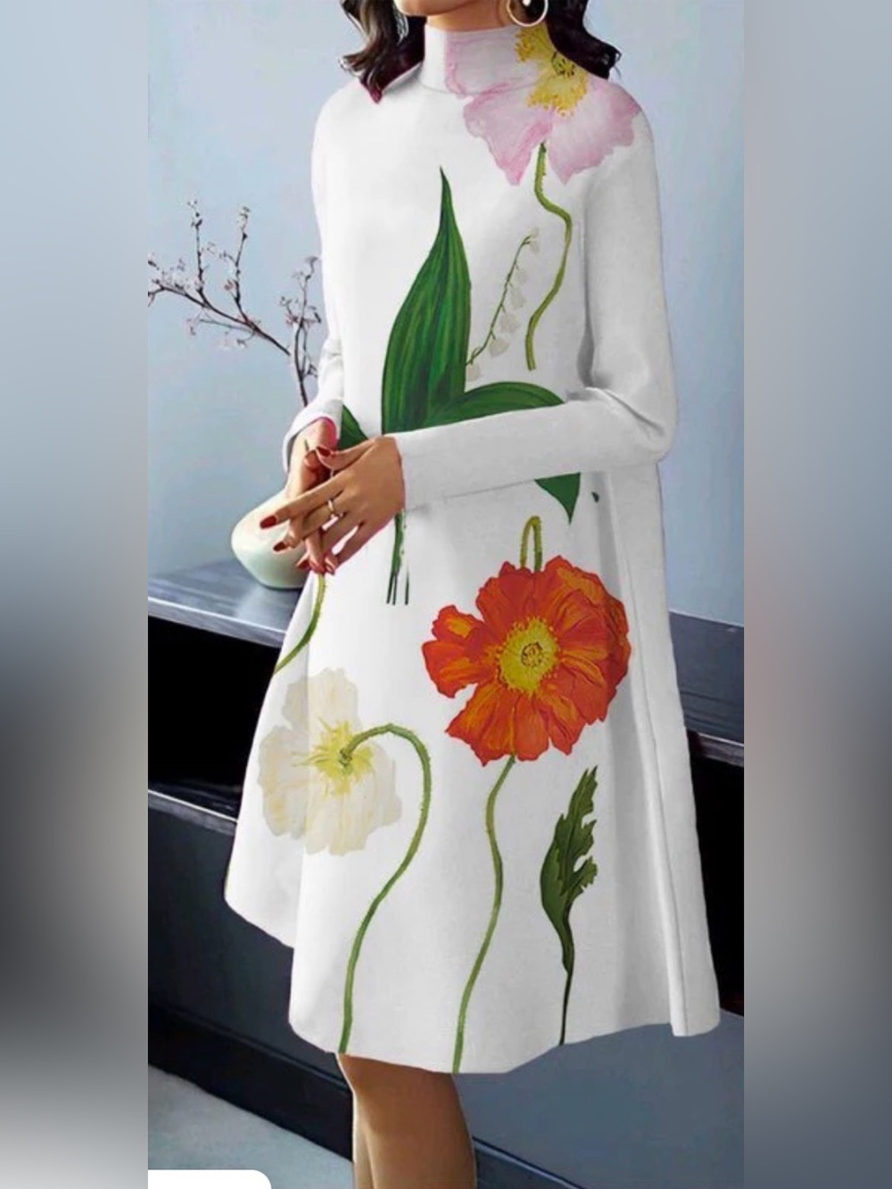 Uoozee Long Sleeve Loose Flower Print High Neck Midi Dress, Size S